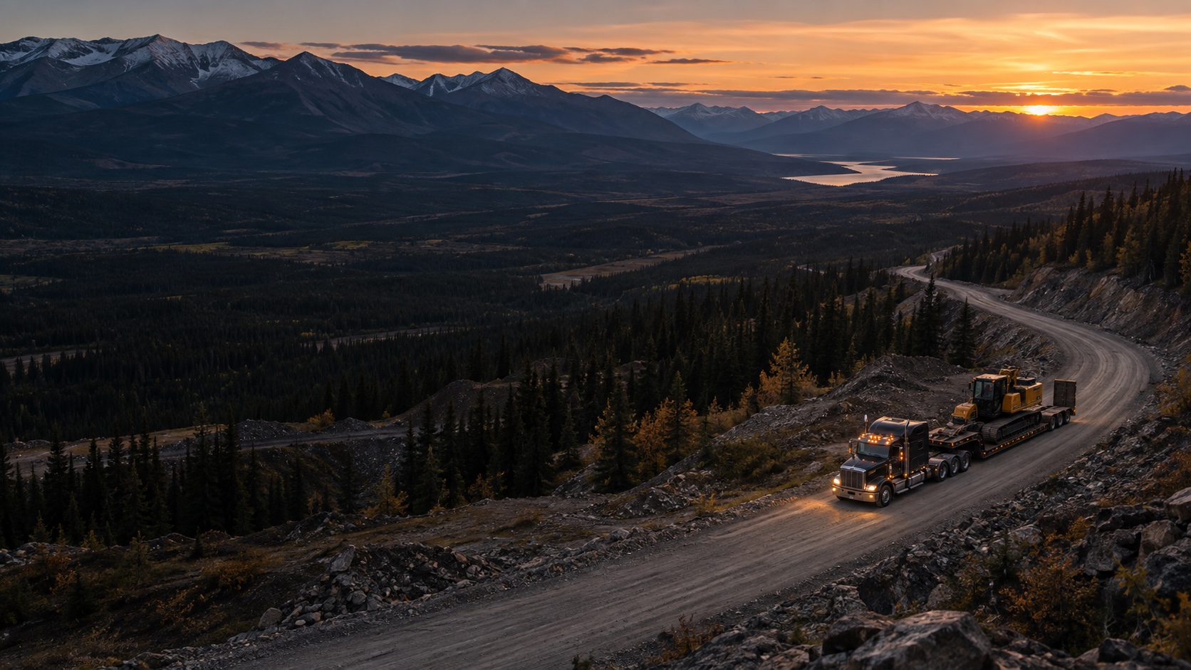 Heavy transport moving through a mountain landscape at dusk